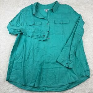 Old Navy Linen Blend Tunic Women XXL Teal Green Long Sleeve Henley Shirt